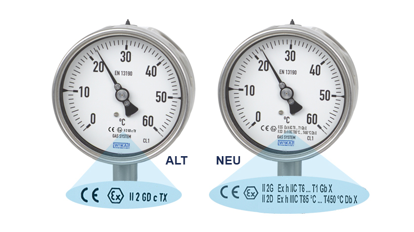 Vergleich neue und alte Norm eines Zeigerthermometers mit Lupenbild